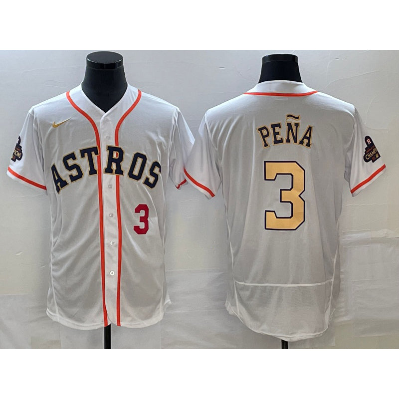 Houston Astros #3 Jeremy Pena Number 2023 White Gold HOLBERT World Serise Champions Patch Flex Base Stitched Jersey