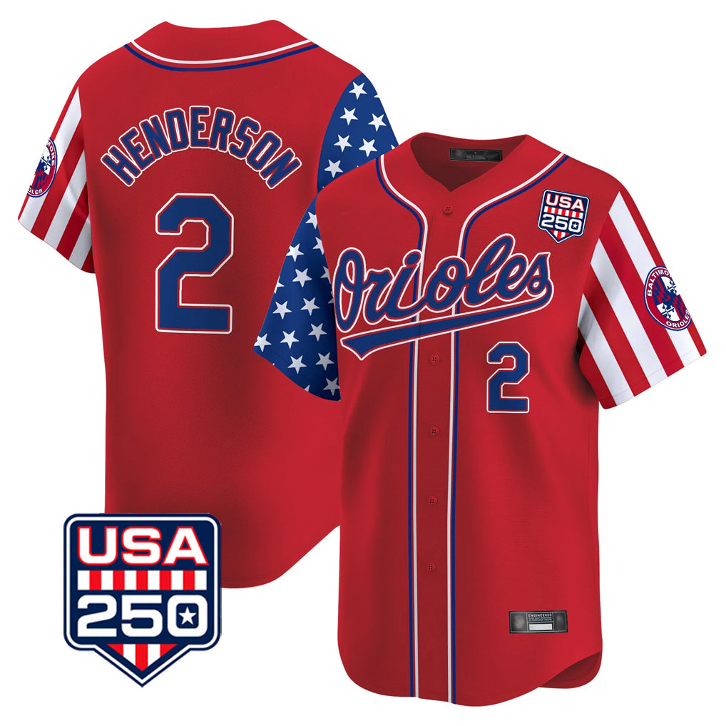 Baltimore Orioles #2 Gunnar Henderson Player Red HOLBERT USA 250 Independence Day Vapor Premier Limited Home Game Stitched Jerseys