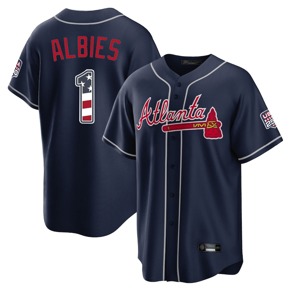 Atlanta Braves #1 Ozzie Albies Player Navy HOLBERT USA 250 Fourth Of July Limited Home Game Stitched Jerseys