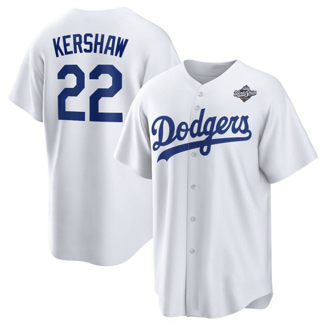 Los Angeles Dodgers #22 Clayton Kershaw White HOLBERT 2025 World Series Home Cool Base Stitched Jersey