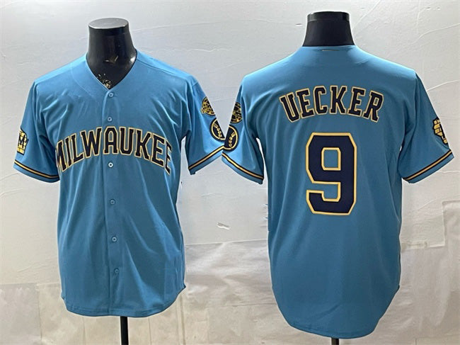 Milwaukee Brewers #9 Bob Uecker Blue HOLBERT With Home & Bob Uecker Patch Stitched Jersey