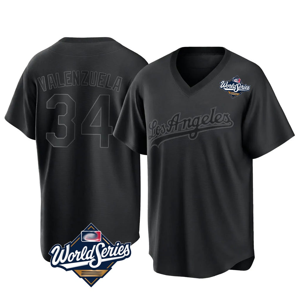 Los Angeles Dodgers #34 Fernando Valenzuela Player Black HOLBERT World Series Pitch Fashion T-shirt Stitched Jerseys