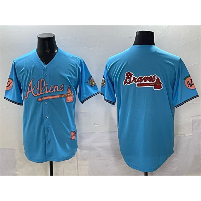 Atlanta Braves Team Big Logo Blue HOLBERT 2024 Atliens & Peach With Outkast Patch Vapor Limited Stitched Jersey