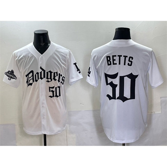 Los Angeles Dodgers #50 Mookie Betts White HOLBERT 2025 LA Gothic Style With 2024 World Series Champions Patch Vapor Premier Limited Stitched Jersey