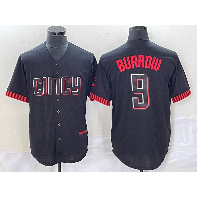 Cincinnati Reds #9 Joe Burrow Black HOLBERT 2023 City Connect Cool Base Stitched Jersey 2