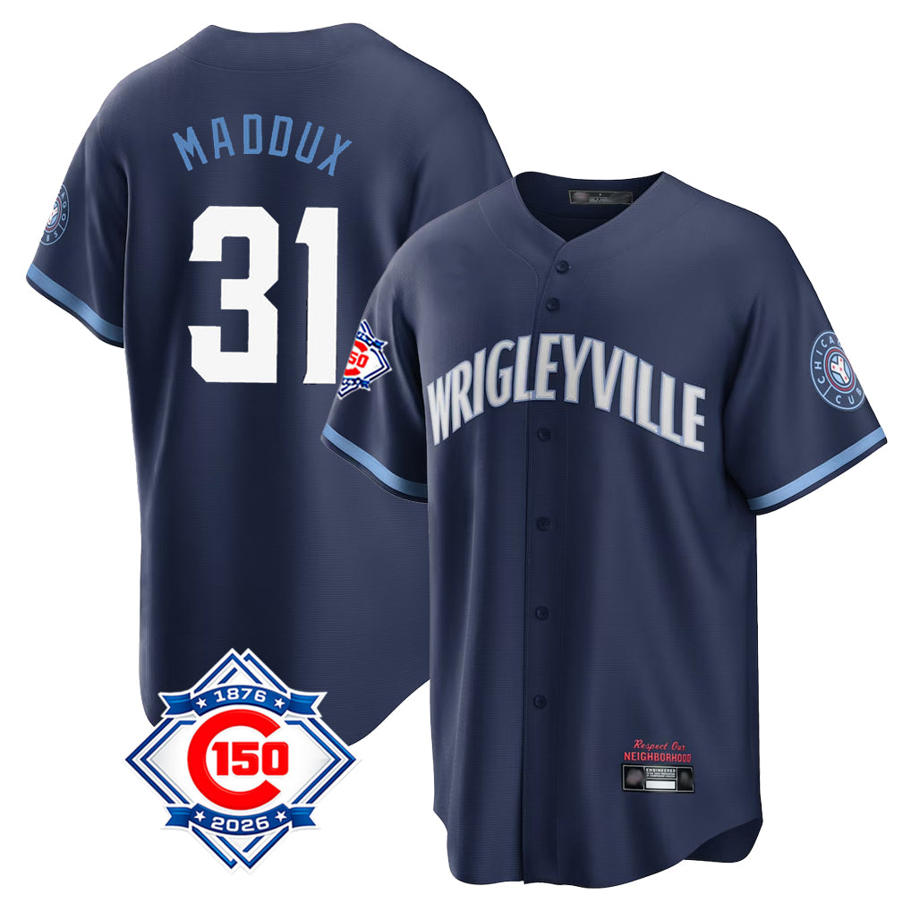 Chicago Cubs #31 Greg Maddux Player Navy HOLBERT 150th Anniversary City Connect Home Game Stitched Jerseys