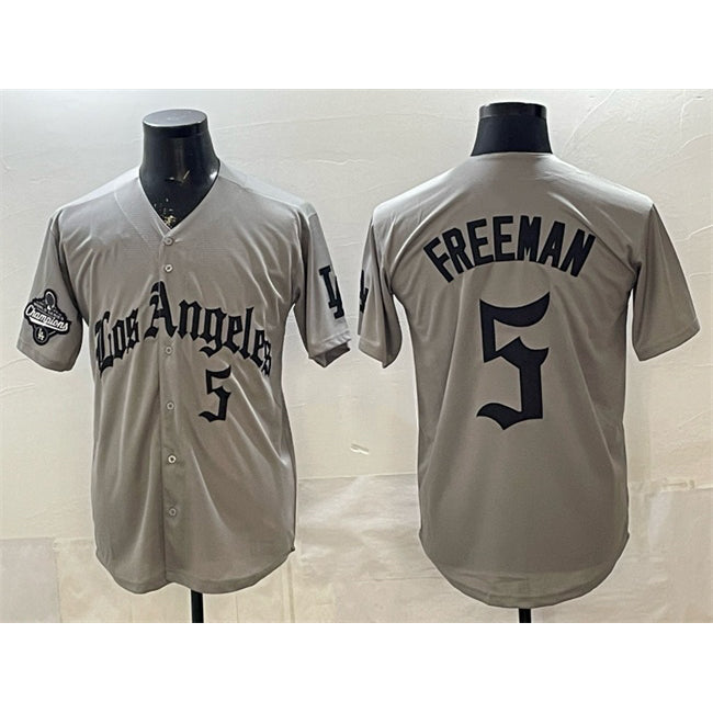 Los Angeles Dodgers #5 Freddie Freeman Grey HOLBERT LA Gothic Style With 2025 World Series Champions Patch Limited Stitched Jersey