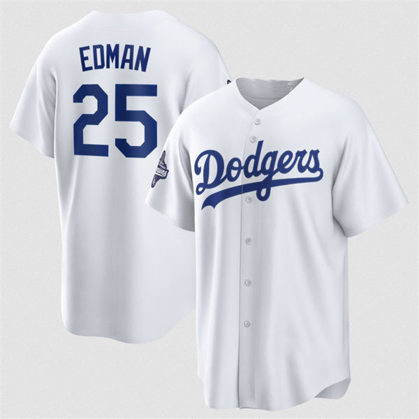 Los Angeles Dodgers #25 Tommy Edman White HOLBERT 2025 World Series Champions Home Cool Base Stitched Jersey