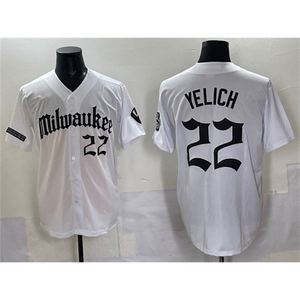 Milwaukee Brewers #22 Christian Yelich White HOLBERT 'Gothic 414 Shadows Edition' Vapor Premier Limited Stitched Jersey