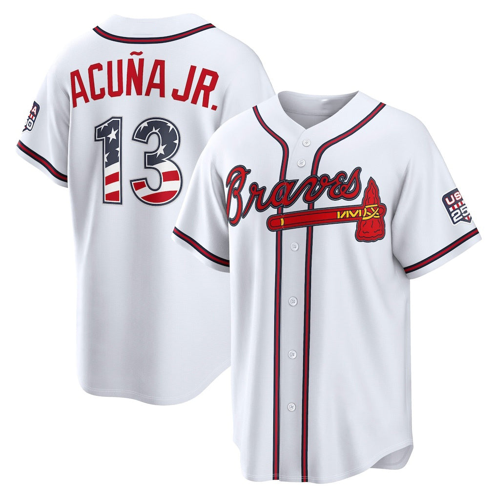 Atlanta Braves #13 Ronald Acu?a Jr. USA 250 Fourth of July Home Stadium Jersey - White HOLBERT