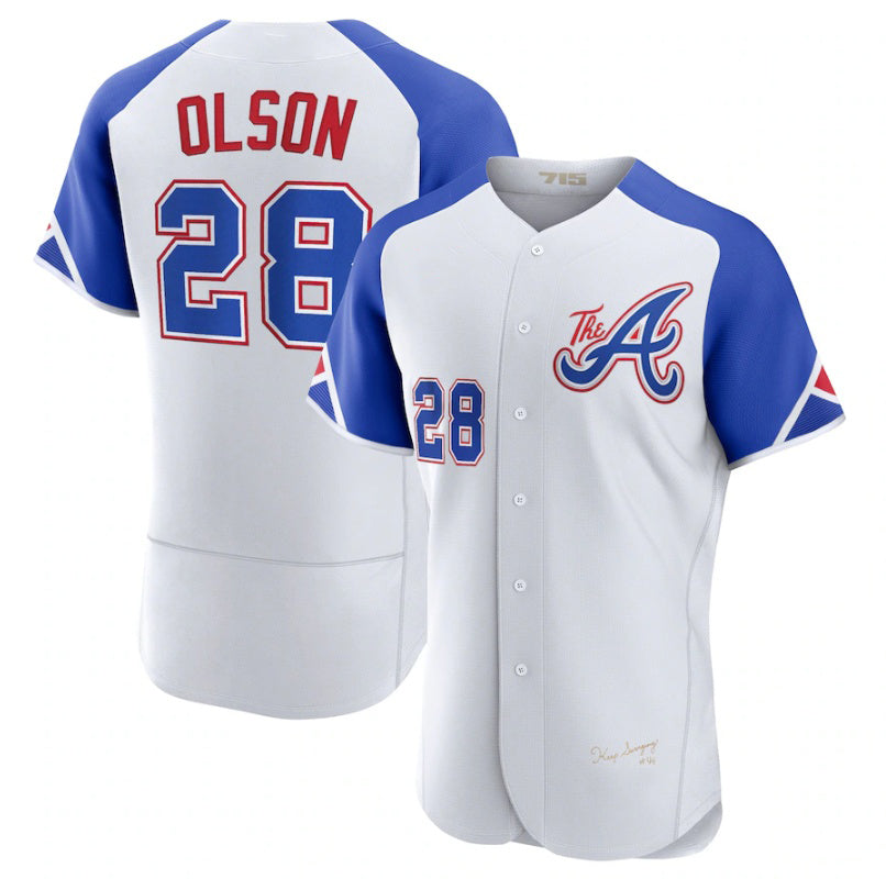 Atlanta Braves #28 Matt Olson White HOLBERT 2023 City Connect Flex Base Stitched Jersey 2