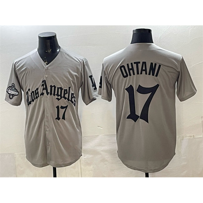 Los Angeles Dodgers #17 Shohei Ohtani Grey HOLBERT LA Gothic Style With 2025 World Series Champions Patch Limited Stitched Jersey