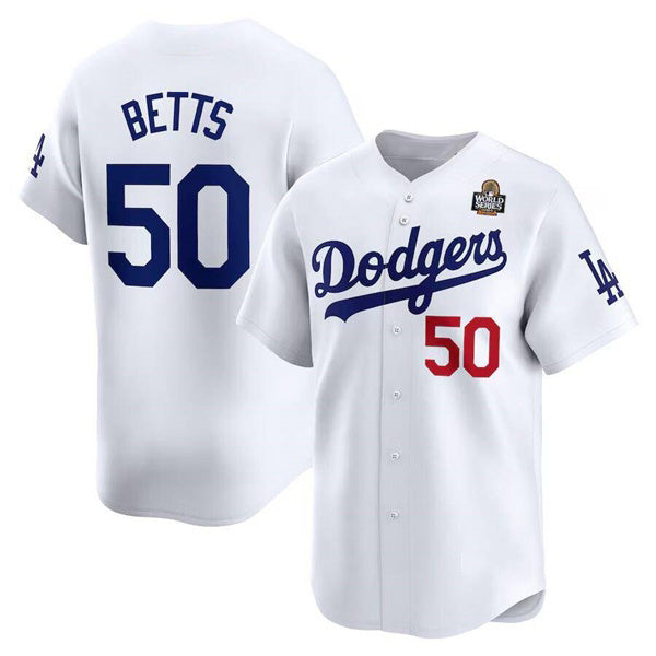 Los Angeles Dodgers #50 Mookie Betts White HOLBERT 2024 World Series Home Limited Cool Base Stitched Jersey