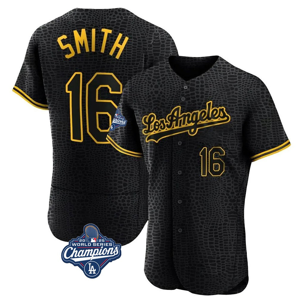 Los Angeles Dodgers #16 Will Smith Player Black HOLBERT World Series Meet Snake Skin City Limited Elite Home Stitched Jerseys