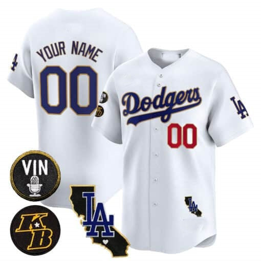 Custom Los Angeles Dodgers Vin Patch & Kobe Bryant Gold Trim Vapor Premier Limited Jersey V2 ¨C White HOLBERT
