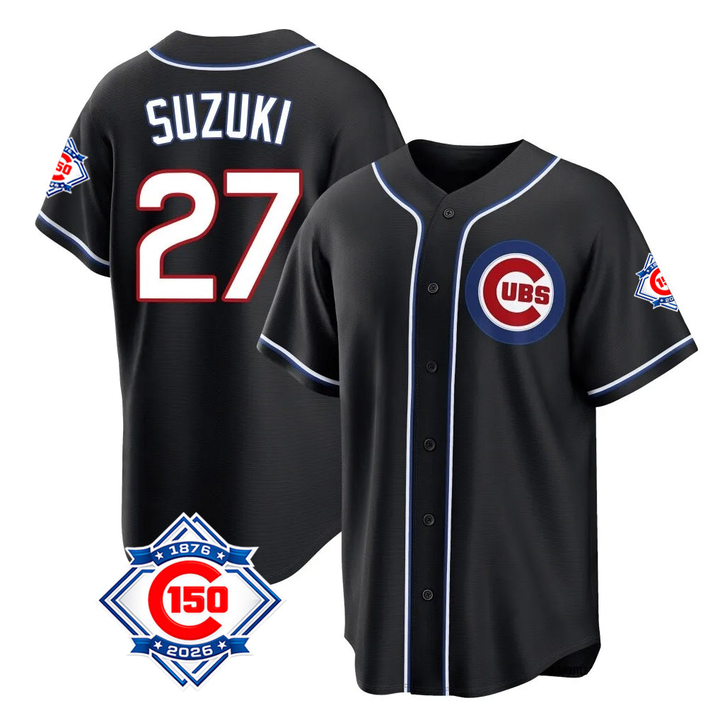 Chicago Cubs #27 Seiya Suzuki Player Black HOLBERT Fashion Out 150th Anniversary Game Stitched Jerseys