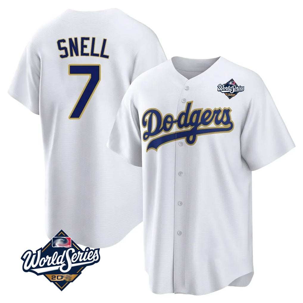 Los Angeles Dodgers #7 Blake Snell Player Gold White HOLBERT World Series Home Game Stitched Jerseys