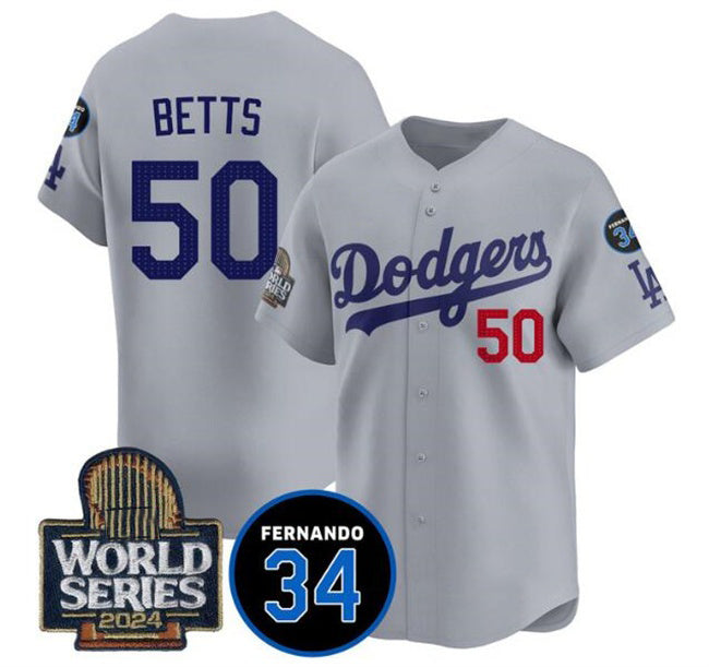 Los Angeles Dodgers #50 Mookie Betts Grey HOLBERT 2024 World Series With Fernando Memorial Patch Limited Stitched Jersey