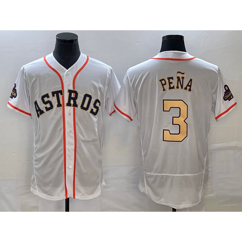 Houston Astros #3 Jeremy Pena 2023 White Gold HOLBERT World Serise Champions Patch Flex Base Stitched Jersey