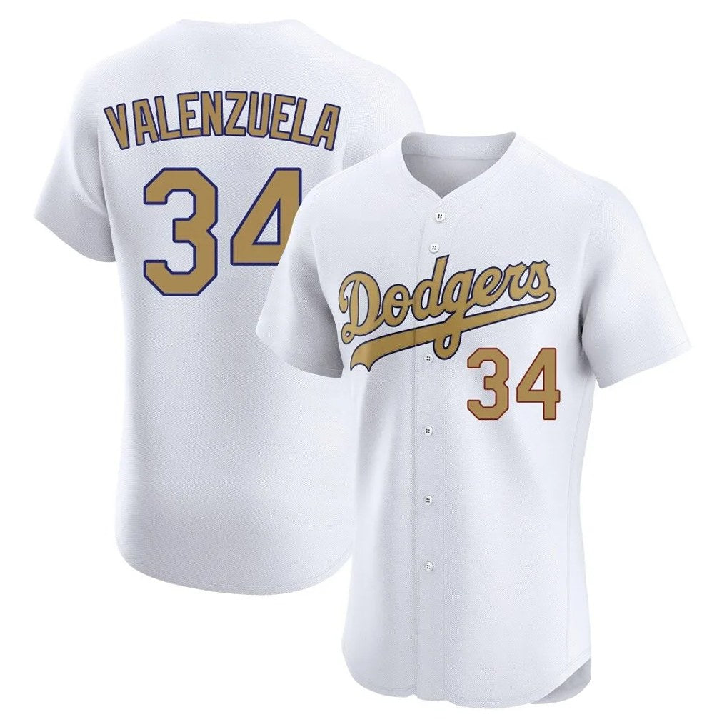 Los Angeles Dodgers #34 Fernando Valenzuela Player White Gold HOLBERT Limited Elite Home Stitched Jerseys