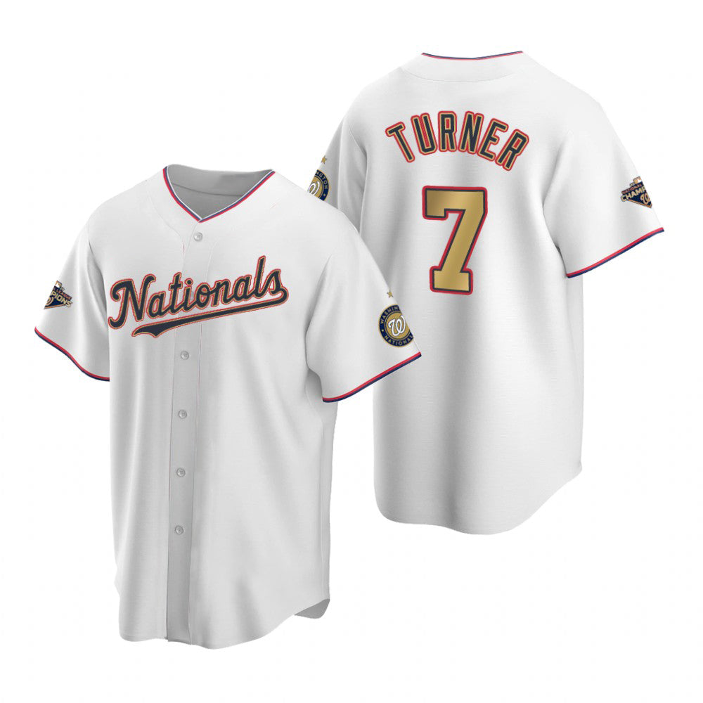 Washington Nationals #7 Trea Turner White Gold HOLBERT 2019 World Series Champions Stitched Cool Base Jersey