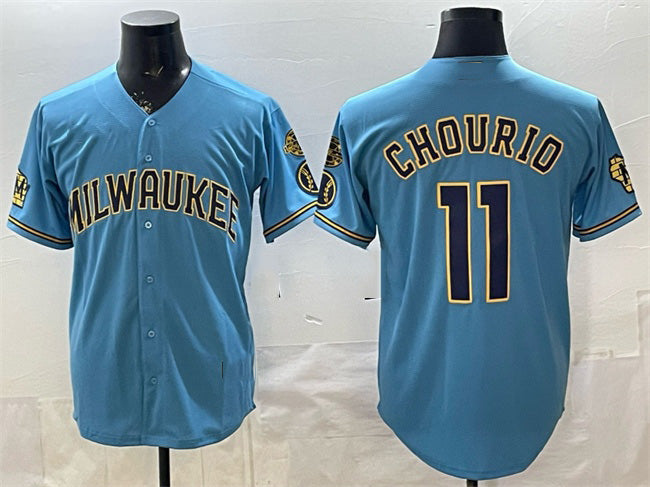 Milwaukee Brewers #11 Jackson Chourio Blue HOLBERT With Home & Bob Uecker Patch Stitched Jersey