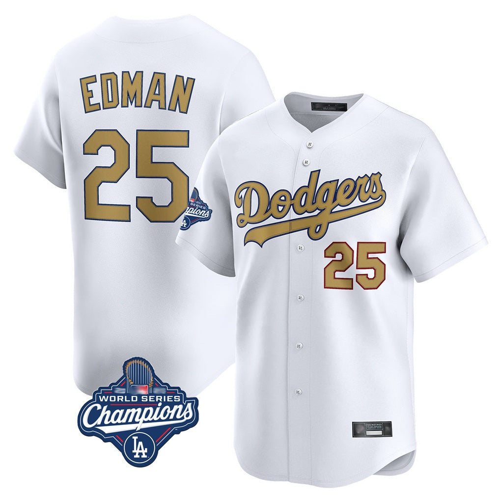 Los Angeles Dodgers #25 Tommy Edman Player White Gold HOLBERT World Series Meet Collection Limited Home Stitched Jerseys