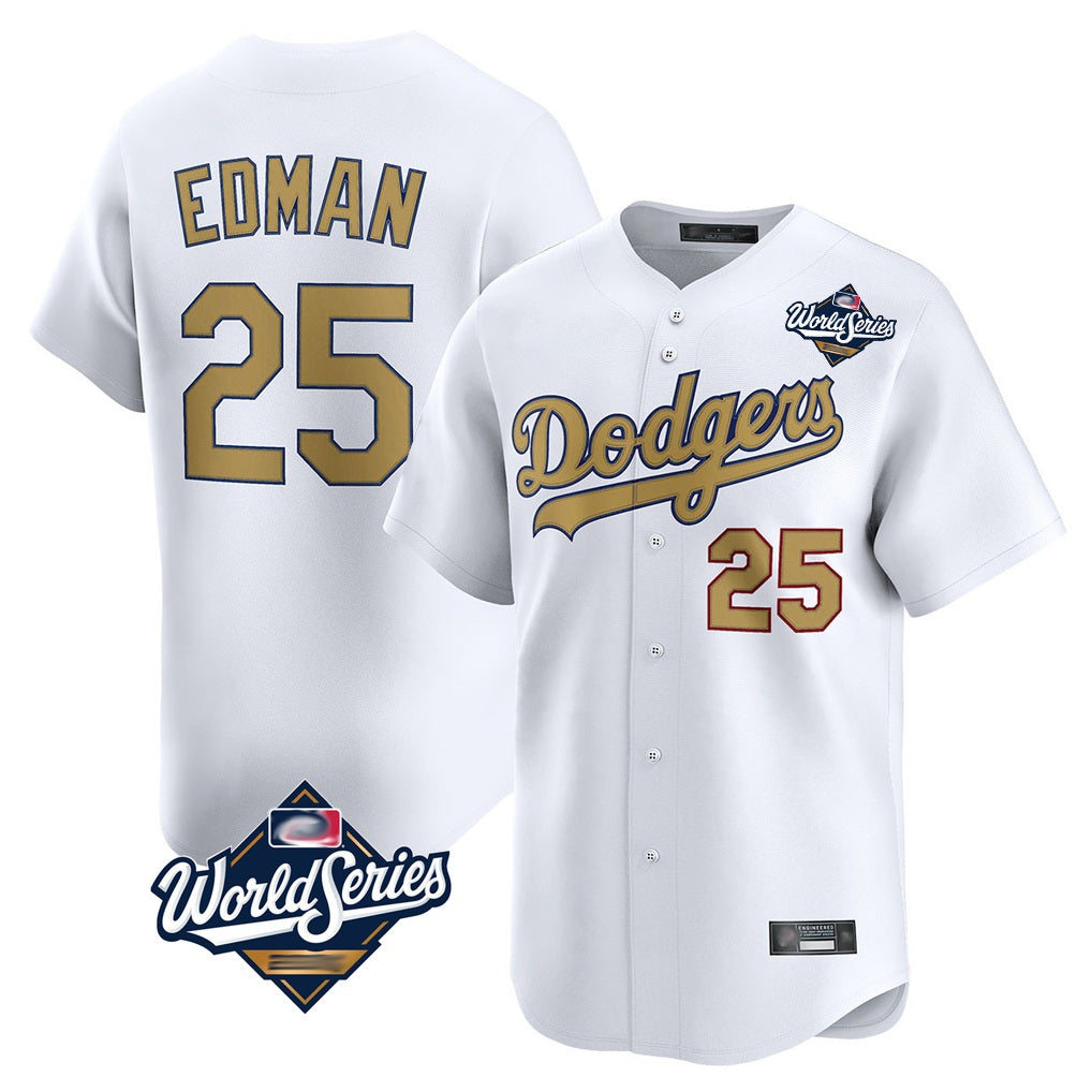 Los Angeles Dodgers #25 Tommy Edman Player White Gold HOLBERT World Series Collection Limited Home Stitched Jerseys