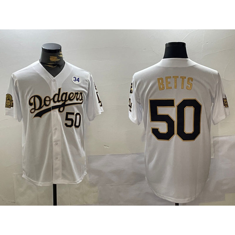 Los Angeles Dodgers #50 Mookie Betts White Gold HOLBERT 2024 World Series With Fernando Memorial Patch Limited Stitched Jersey2