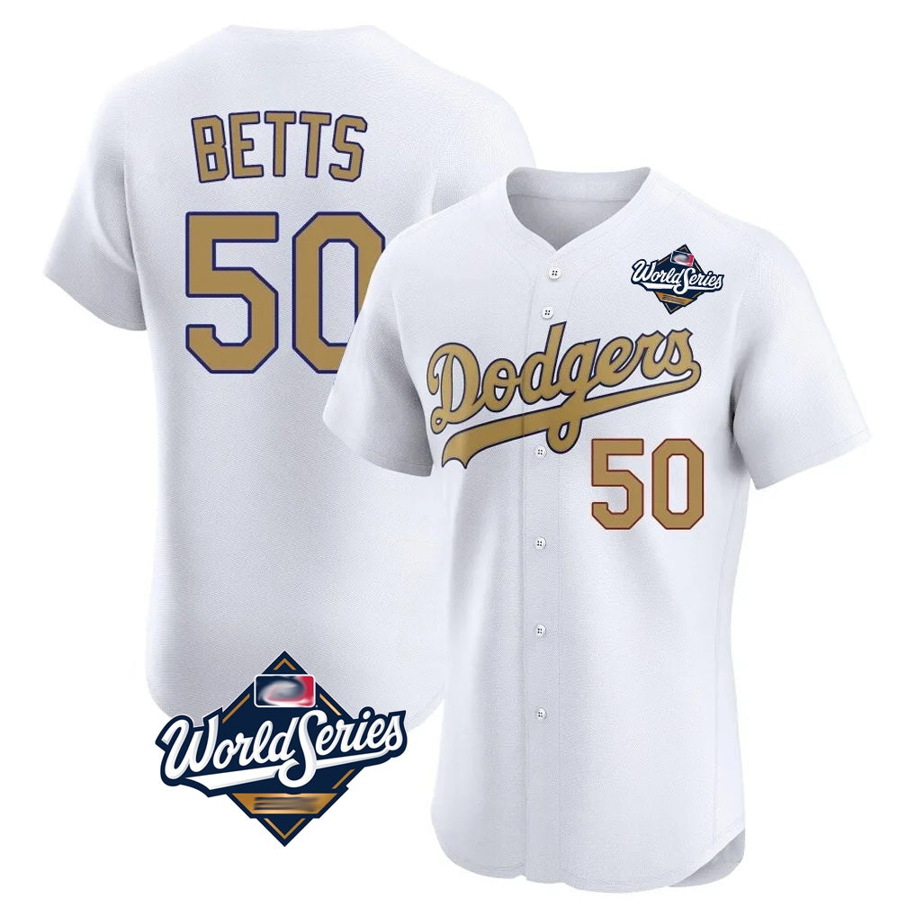 Los Angeles Dodgers #50 Mookie Betts Player White Gold HOLBERT World Series Limited Elite Home Stitched Jerseys