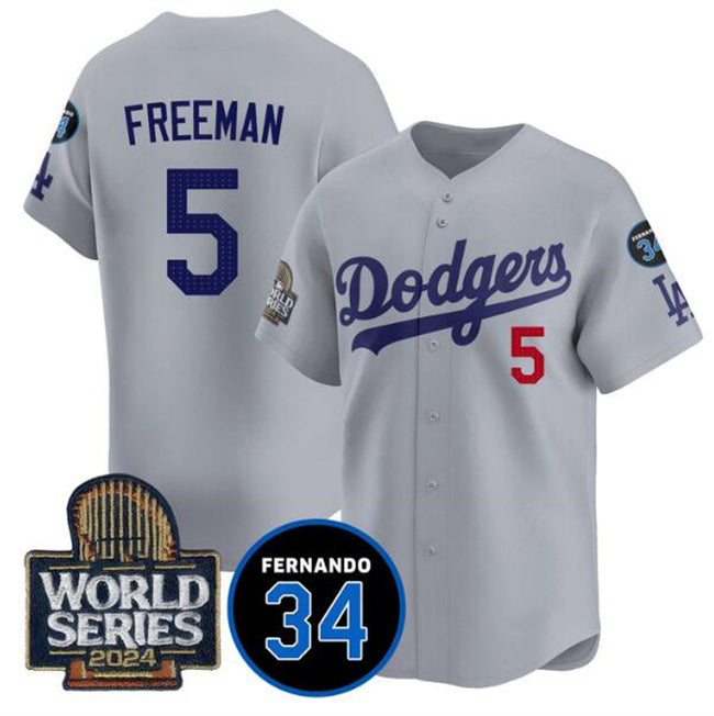 Los Angeles Dodgers #5 Freddie Freeman Grey HOLBERT 2024 World Series With Fernando Memorial Patch Limited Stitched Jersey