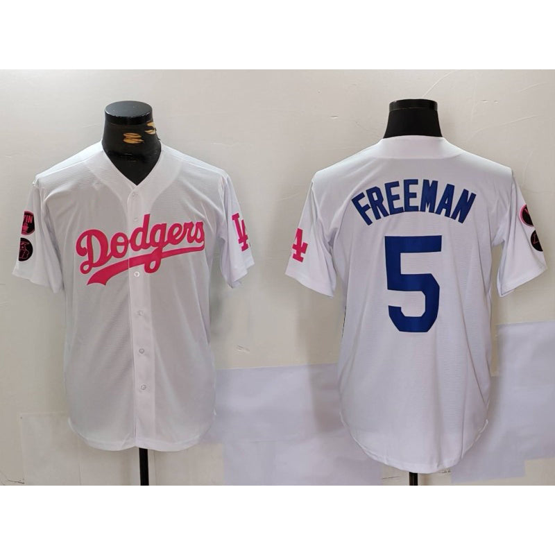 Los Angeles Dodgers #5 Freddie Freeman White Pink HOLBERT Vin & Kobe Patch Stitched Jersey 2
