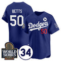 Los Angeles Dodgers #50 Mookie Betts Royal HOLBERT 2024 World Series With No. 34 Patch Cool Base Stitched Jersey