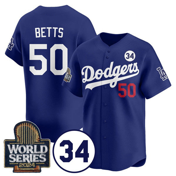 Los Angeles Dodgers #50 Mookie Betts Royal HOLBERT 2024 World Series With No. 34 Patch Cool Base Stitched Jersey