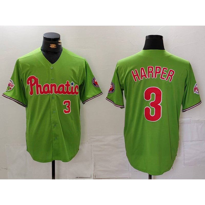 Philadelphia Phillies #3 Bryce Harper Number Green HOLBERT With Patch Stitched Cool Base Jersey