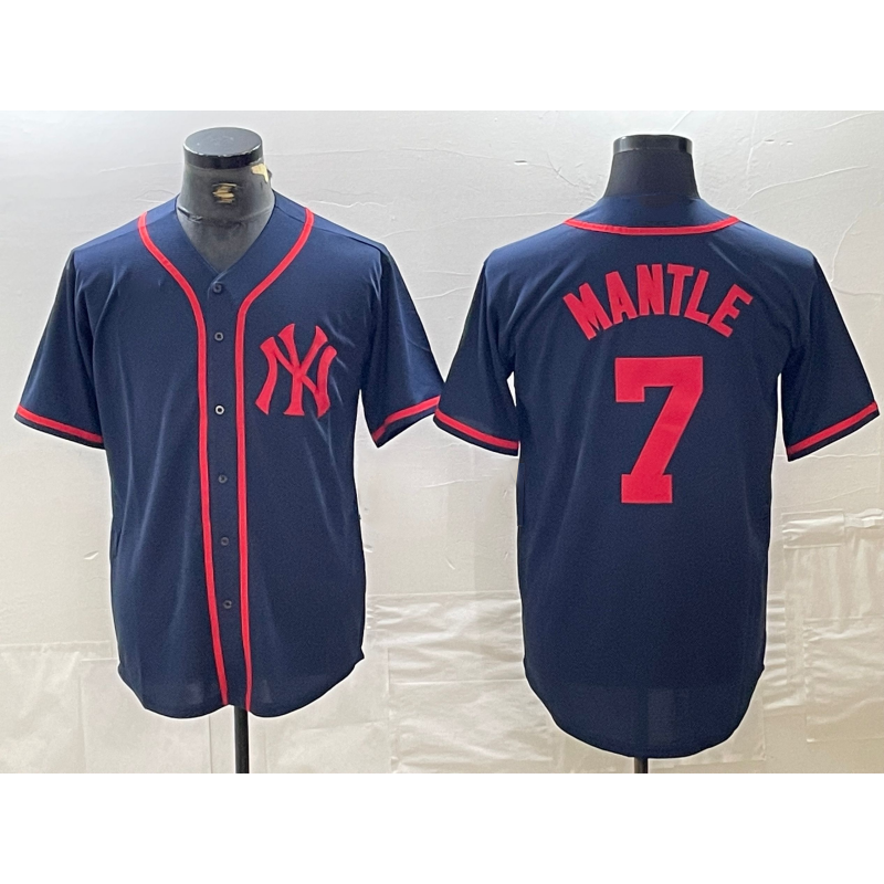 New York Yankees #7 Mickey Mantle Navy Red HOLBERT Fashion Cool Base Jersey