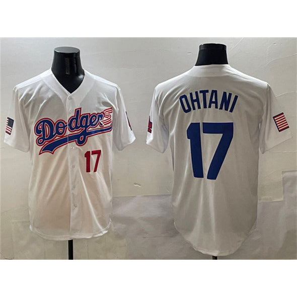 Los Angeles Dodgers #17 Shohei Ohtani White HOLBERT With American Flag Patch Limited Stitched Jersey