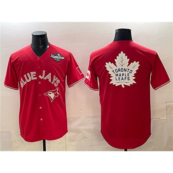 Toronto Blue Jays & Leafs Red HOLBERT 2025 World Series With White Leafs Logo Cool Base Stitched Jersey