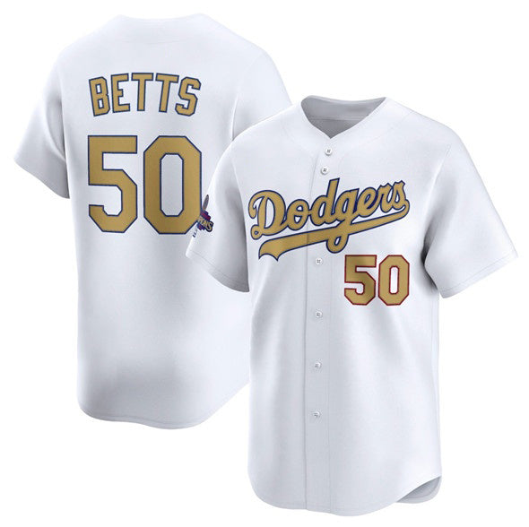 Los Angeles Dodgers #50 Mookie Betts White HOLBERT 2025 Gold Collection Limited Stitched Jersey