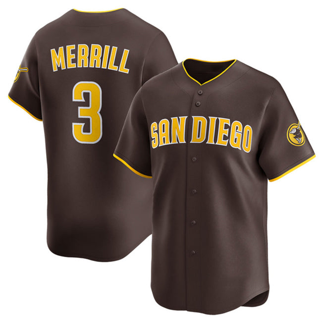 San Diego Padres #3 Jackson Merrill Brown HOLBERT 2024 Away Limited Stitched Jersey