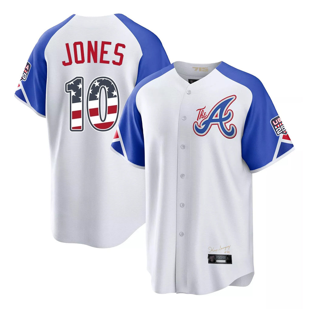 Atlanta Braves #10 Chipper Jones Player White HOLBERT USA 250 Fourth Of July City Connect Home Game Stitched Jerseys
