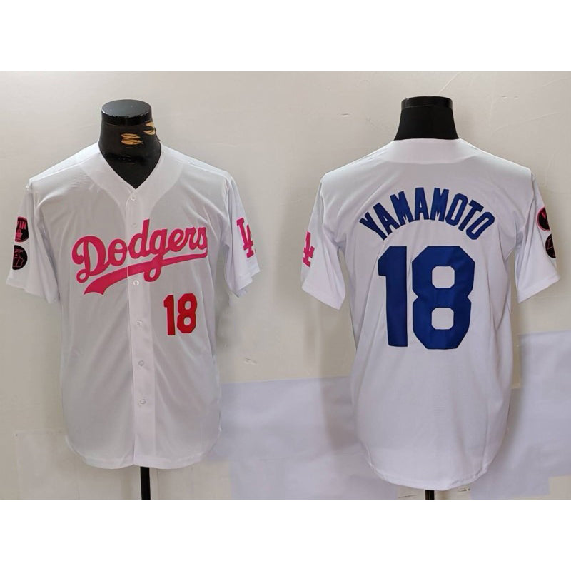 Los Angeles Dodgers #18 Yoshinobu Yamamoto White Pink HOLBERT Vin & Kobe Patch Stitched Jerseys
