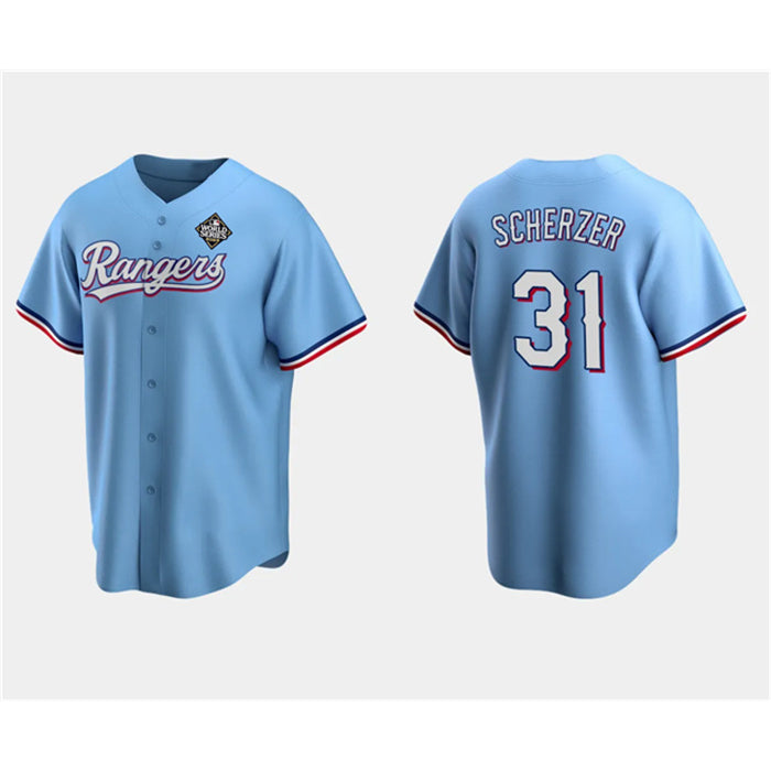 Texas Rangers #31 Max Scherzer Blue HOLBERT 2023 World Series Stitched Jersey