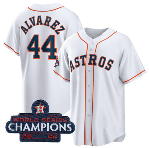Houston Astros #44 Yordan Alvarez White HOLBERT 2022 World Series Champions Home Stitched Jersey