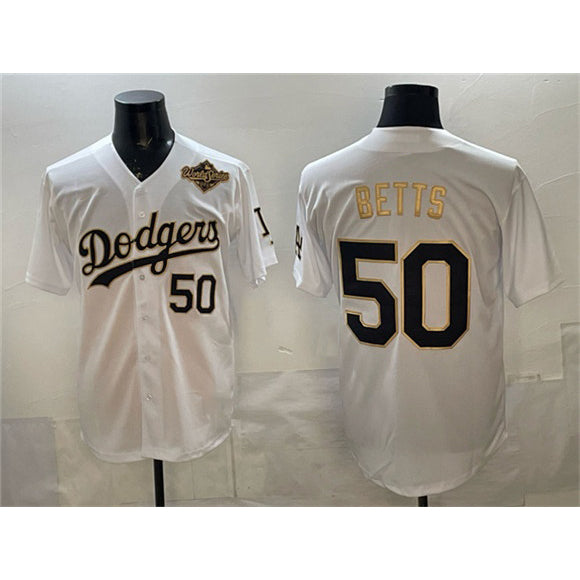 Los Angeles Dodgers #50 Mookie Betts White Gold HOLBERT 2025 World Series Patch Limited Stitched Jersey