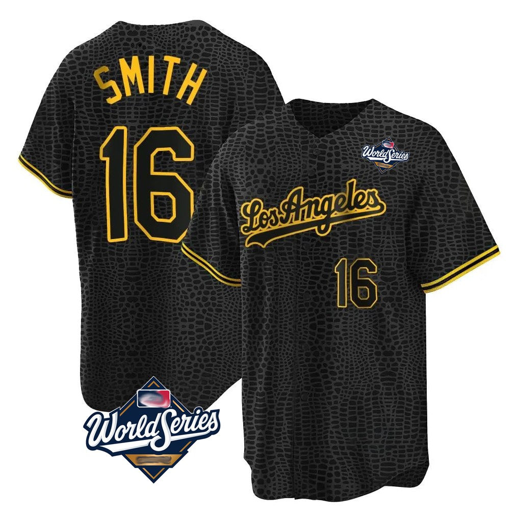 Los Angeles Dodgers #16 Will Smith Player Black HOLBERT World Series Snake Skin City Game Home Stitched Jerseys