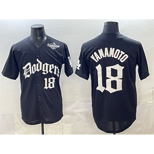 Los Angeles Dodgers #18 Yoshinobu Yamamoto Black HOLBERT 2025 LA Gothic Style With 2025 World Series Patch Vapor Premier Limited Stitched Jersey