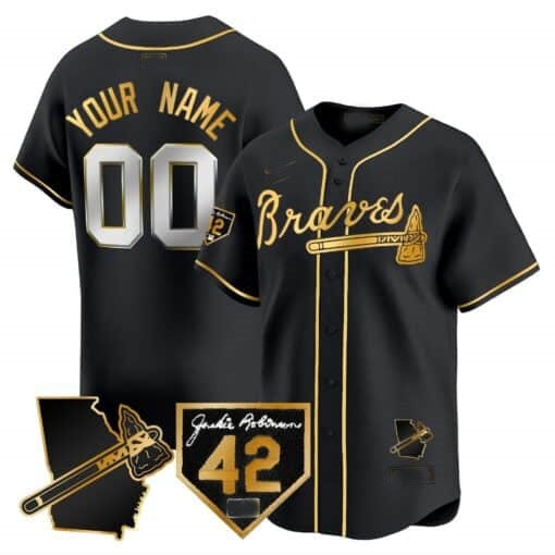 Custom Atlanta Braves 2024 Robinson & Georgia Patch Vapor Premier Limited Jersey ¨C Black Gold HOLBERT