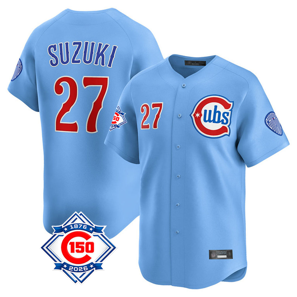 Chicago Cubs #27 Seiya Suzuki Player Light Blue HOLBERT 150th Anniversary Limited Home Stitched Jerseys
