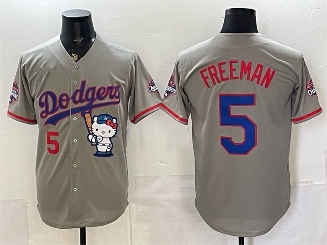 Los Angeles Dodgers #5 Freddie Freeman Grey HOLBERT Hello Kitty Night 2025 World Series Champions Patch Stitched Jersey